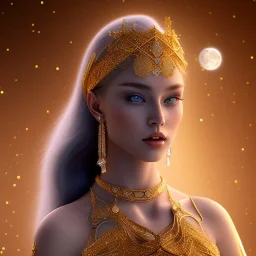 beautiful young woman singing at moon, golden jewelry, ice cold, winter, magnificent, majestic, highly intricate, incredibly detailed, ultra high resolution, complex 3d render,