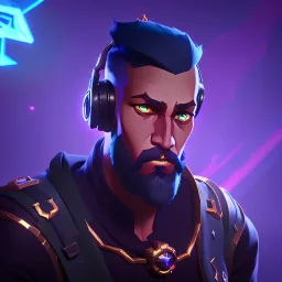 ruler of the galaxy in a nightclub, particles, ambient occlusion, short bearded focused Christian Boshell with headphones in an overwatch style, photo-realism art, intense atmosphere, similar to a Michelangelo art direction with parralax