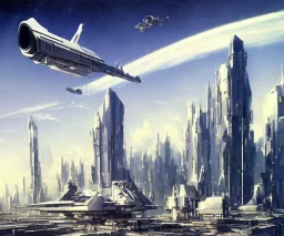 A Spaceship is taking off,Space Center on a heavy industrialized planet with a futuristic city in the background, (retrofuturistic:2), art by John Berkey, buildings with glass facades, brutalist architecture, insanely detailed, vibrant, 8k uhd, cinematic atmosphere, ultra-wide angle, street level view, brush strokes, blue sky with clouds, sharp focus