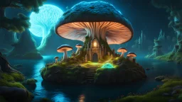 (Realistic): "A highly detailed, photorealistic fantasy landscape with a bioluminescent giant mushroom as the central focal point, serving as a castle on a small floating island, intricate mushroom textures, roots intertwined with the island, soft glow, magical atmosphere, volumetric lighting, 8k, trending on Artstation."