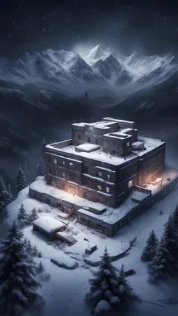 Hyper Realistic areal view of an dark abandoned hospital on the top of a mountain at heavy snowfall night