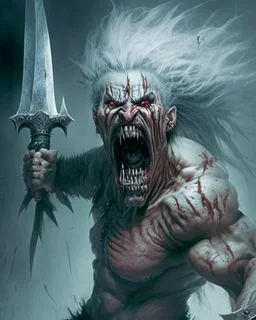 cursed apocaliptic screaming scary zombie human berserker meaty grey hair big greatsword