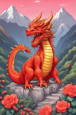 Bitcoin cryptocurrency stands in the middle and a dragon is around, moutains are far away, it is happy new year, we can see flowers are in full bloom