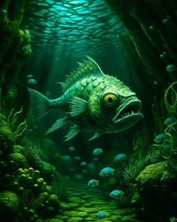 A greenish blue underwater abyss with angler fish painted by Vincent van Gogh