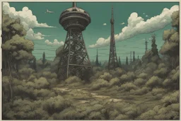radio tower, overgrown apocalyptic, background, comic book,