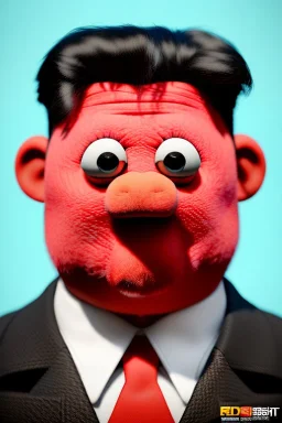 Waist up muppet Portrait, Kim Jong-un muppet doll, black suit, photo studio, red background, unreal engine 5, concept art, art station, god lights, ray tracing, RTX, lumen lighting, ultra detail, volumetric lighting, 3d.