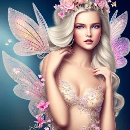 beautiful fairy nude with transparent wings, smiling, , long platinum blond hair with crown and flowers, pink dress