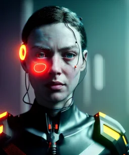 Ultra realistic photographic night portrait, cinematic, <nordic woman> <hanging wires> <retro monitor> many wires coming out of the head <perfect pupil> <cyborg arm> <garage> <wide angle Shot> <sci-fi futuristic> <thriller>, neon lights, color fog, soft color, highly detailed, unreal engine 5, ray tracing, RTX, lumen lighting, ultra detail, volumetric lighting, high definition.