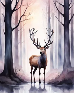 night, deer with antlers standing sideways, looking at viewer, realistic water color painted, among light colored tall simplified tree trunks, foggy, digital painting, Easter Spring pastel colors, colorful, dark background