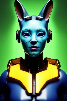 Medium Close Up Portrait, Front image. cyberpunk, rabbit mask, Chinese woman, yellow short hair. latex, titanium suit. Yellow, black, red, color. Ghost in the shell style. Color background, photo studio. Avatar image, highly detailed, concept art, smooth, unreal engine 5, god rays, ray tracing, RTX, lumen lighting, ultra detail, volumetric lighting, 3d, finely drawn, high definition, high resolution.