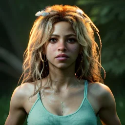 Shakira, 40 years old, artist, Realistic image, waist up portrait. perfect eyes, glow, circle iris. concept art, smooth, unreal engine 5, god lights, ray tracing, RTX, lumen lighting, ultra detail, volumetric lighting, 3d, finely drawn, high definition, 4k.