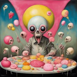 Hieronymus Bosch oil painting titled "Bogomil Candy Taxidermy", Lollipop guild dystopia, saccharine anthropomorphic candy dissection, bright primary pastel colors, dynamic diagonal composition, sinister atmosphere, weirdcore, by Stephen Gammell, by Michael DeForge, octane render, creepy, by Jim Woodring,