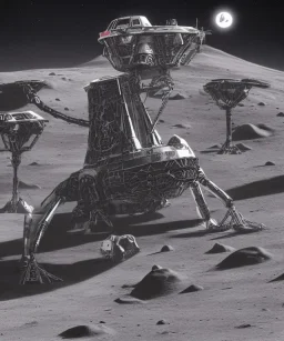 Crashed futuristic industrial mechanical mechwarrior space ship on the moon lunar surface