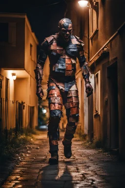 a demon dressed in a human body patchwork sewn of big pieces of human skin. walking in a nice residential area at night. scary. terrifying. intense horror.