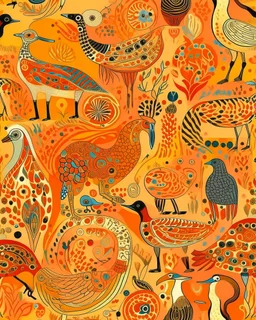 A light rosy orange colored plain with animals designed in Australian aboriginal art painted by Gustav Klimt