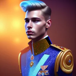 Portrait of an handsome man, prince, galactic, glitter blue velvet suit with jewels and stripes, blond hair, blue eyes, cinematic lights unreal engine 5, 4k, high details, beam and stars in background