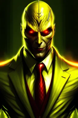 Evil supervililian Reverse Flash with red eyes and yellow suit and suited up