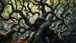 A brilliantly twisted forest of ancient trees, each gnarled trunk crooked and contorted with wisdom. Their sprawling branches reach out like fingers, grasping at the sky in a silent knowing. The image is a hauntingly beautiful painting, depicting shadows and light dancing through the twisted foliage. Every detail is meticulously rendered, bringing out the rich colors and textures of the forest. The overall effect is mesmerizing, drawing viewers into a world of ancient magic and untold secrets. T