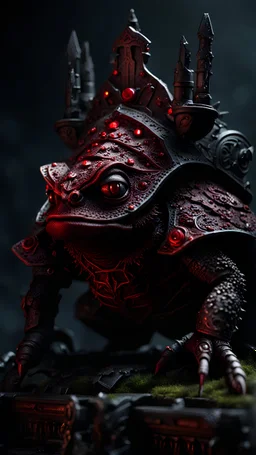 dark fantasy, close up toad king, armored, intricate details, insane details, volumetric lighting, ominous atmosphere, ominus lights, spectral atmosphere, red sparkles, blood throne scenario