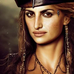 best quality, realistic lighting, masterpiece portrait of Penelope Cruz from pirates of the Caribbean, details, light dusting of freckles, shot from above, simple chain hauberk, warhammerVector art matte painting digital illustration 3D shading CryEngine Behance HD 3Delight