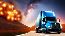 A Tesla semi-truck is racing at top speed, across the 'Jurassic Park' island. CINEMATIC. WIDE ANGLE LENS.