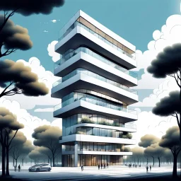 Dibujo arquitectónico de un edificio de cinco pisos, moderno, diseñado aplicando la proporción, estilo minimalista futurista, calidad ultra, gente, árboles, colores contrastantes, cielo con nubes pequeñas, 64k