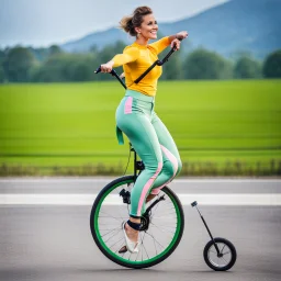 a very beautiful lady with makeup and bub hair, wearing a pretty blue-green sports pants an top, shows her performance driving a Unicycle Wheel Bike