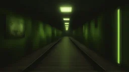 Inside the old subway tracks, . Low light and closed green moss walls. Like the original design of the game space ,digital art.landscape,far camera old painting,2 Chen and George Hopper, Rembrandt lighting, a dark green color scheme, ethereal light. --ar 13:16 --v 6. 0 metro game