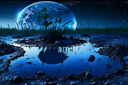 Dark blue sky with one exoplanet in the horizon, rocks, puddle, weeds, sci-fi movies influence, epic