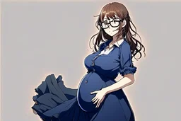 full body of a brown haired anime manga pregnant girl in dark blue dress with eyeglasses