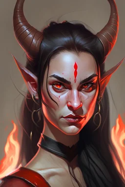 Portrait of a young and beautiful female Tiefling bard with red skin, two horns emerging from her forehead and long black hair with sidebangs and a ponytail. She has fiery eyes and a smirk on her face.