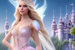 castle in background, beautiful, soft, big smiling, straight and long blonde hair, blues eyes, dewy and shiny atmosphere, diamond crown, long fairy wings in the back, full head, pink veil clothes