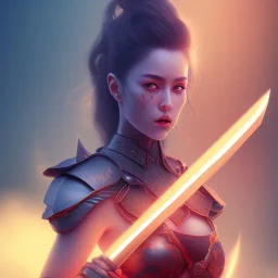 worrior woman with axe, wearing japanese armor, blue lighting sky, glowing red axe, stromy, red armor, realistc 3d render --test --creative