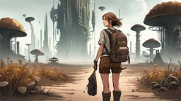 A slender 60-year-old woman, in brown shorts, a shirt and boots, one hand on hip, the other holding a backpack, standing in a deserted, empty, dead sci-fi city, with small clumps of strange plants and fungi