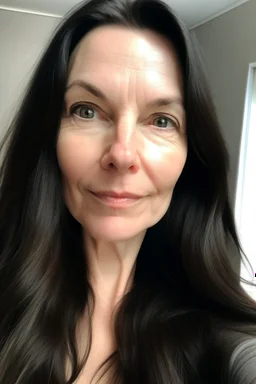 A selfie of a brunette woman with a round face, long hair taken at spa salon. showing incredibly beautiful extremely attractive 47-year-old European woman. (She has white skin, tousled black hair, pretty face without makeup, big round brown eyes, cute profiled nose, detailed full lips.)