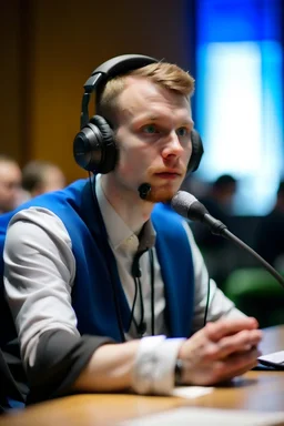 A simultaneous translator of Slavic appearance is sitting at a table with headphones with a microphone at a briefing, in a large hall, there are a lot of translators around, the background is blurred, everything is in pastel light colors