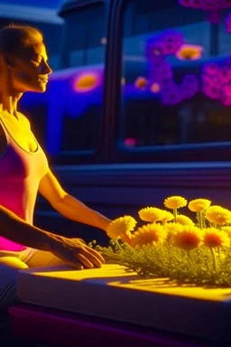 woman doing yoga on the buss with flowers, 4k, downlight, soft light, depth of field, photorealism