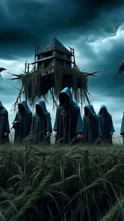 A group of scary large black hooded evils figures with glowing white eyes looking at you in the background and out of this world galaxy in a blue and gray cloud of stormy weather a many sticks fixed ultra hi quality picture with cinematic science, tragedy, a small black birds far in hovering in the horizon in the big field of grass near front view of the skull