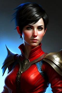 create an adult female air genasi from dungeons and dragons, black short hair, light blue eyes, wind like hair, wearing red leather clothing, realistic, from waist up, digital painting, high resolution