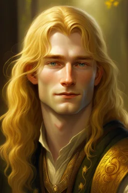 A young serene Lord Of The Rings like man with mid-length golden hair that cascades gracefully. His open eyes, with blind pupils, reflect a depth of wisdom and inner peace. A gentle smile graces his face, adding warmth to his tranquil demeanor.