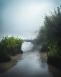 By Sergiо. Style by Greg Rudkowski. Thick white milky dense fog on a deserted beach with lonely bushes.flooded raged water . 2 women and a child In the stormy wether in the water a bridge is falling in the river