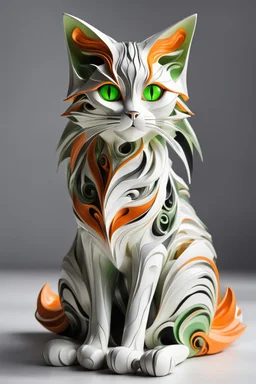 Sculpture of a beautiful cat with long, wavy, thick hair, pointed ears, bright green eyes, neofuturist style, orange, black and white colors, ultra quality, (((full body))), sitting on the floor