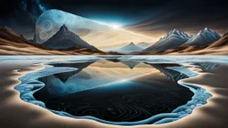 Abstract Landscape with surreal iced desert, mountains, iced water, reflections, sharp lights and shadows . The scene features circles, lines and ovals, all enhanced by overlapping, adding depth and dimension. In the scene old bones lying in sand in the right side. The sky is dramatic, filled with swirling dark clouds , creating an intense atmosphere. The color palette consists of rich, deep hues, watercolor and dark ink, like a dark dream