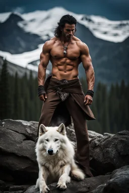 Handsome and muscular 30 year old shirtless mountain man standing next to a white wolf, dark fantasy, snow capped mountains