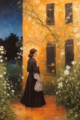 Night, vegetations, flowers, one woman, distant house, mistery, gothic horror films influence, hans thoma, and george iness paintings
