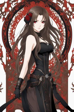 A confident looking young woman with pale skin and long brown hair in a dark fantasy setting with intricate details. She is wearing black and read leather, has red eyes, an air of malevolent power surrounds her. Anime style. High definition.