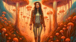 woman with black hair in a ponytail, in light brown leather trousers and jacket, walking through a forest of colourful Alien mushrooms with jellyfish tentacles, photorealistic, Intricate Detail