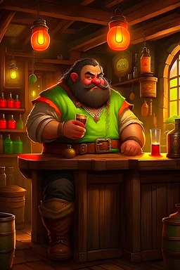 a dwarf looking stocky bartender in a tavern serving some drinks, in a cozy atmosphere during a quiet night