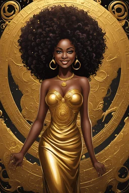 Create a expressionism art image of an astrological sign of Leo shinning. A curvy african female looking at the symbol with a smile on her face. Prominent makeup with hazel eyes. High detailed curly tight black afro. She is wearing a gold maxi dress with no shoes