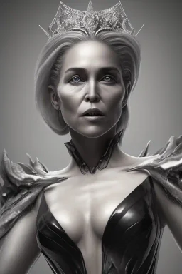 Sharon Stone as evil queen in black leather gown, cleavage, angry, dominant, emperious, stern look unreal 5, octane render,cinema4d, dynamic lighting, dramatic lighting, 4k, redshift render, highly detailed, hyper realistic